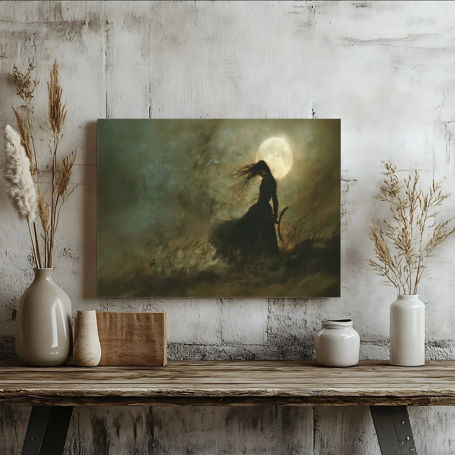 Gothic Fantasy Wall Art | Female Archer Moon Silhouette Canvas | Premium Gallery-Wrapped Print | Moody Dark Academia Home Decor