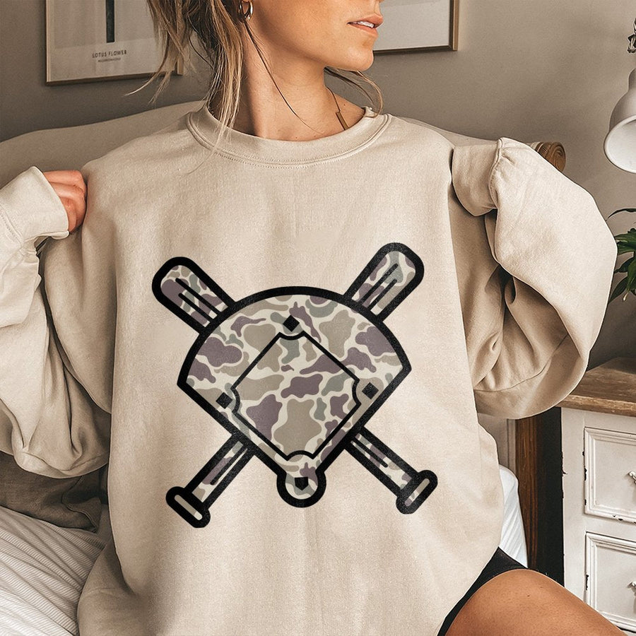 Baseball Camo Sweatshirt | Crossed Bats Diamond Graphic | Cotton Blend Premium Crewneck | Gift for Baseball Players and Sports Fans