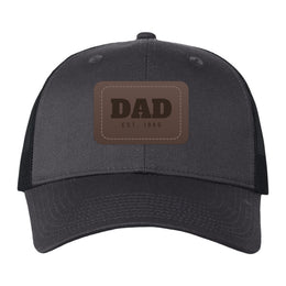 DAD EST. Trucker Hat — Personalized Leather Patch Gift for Dad