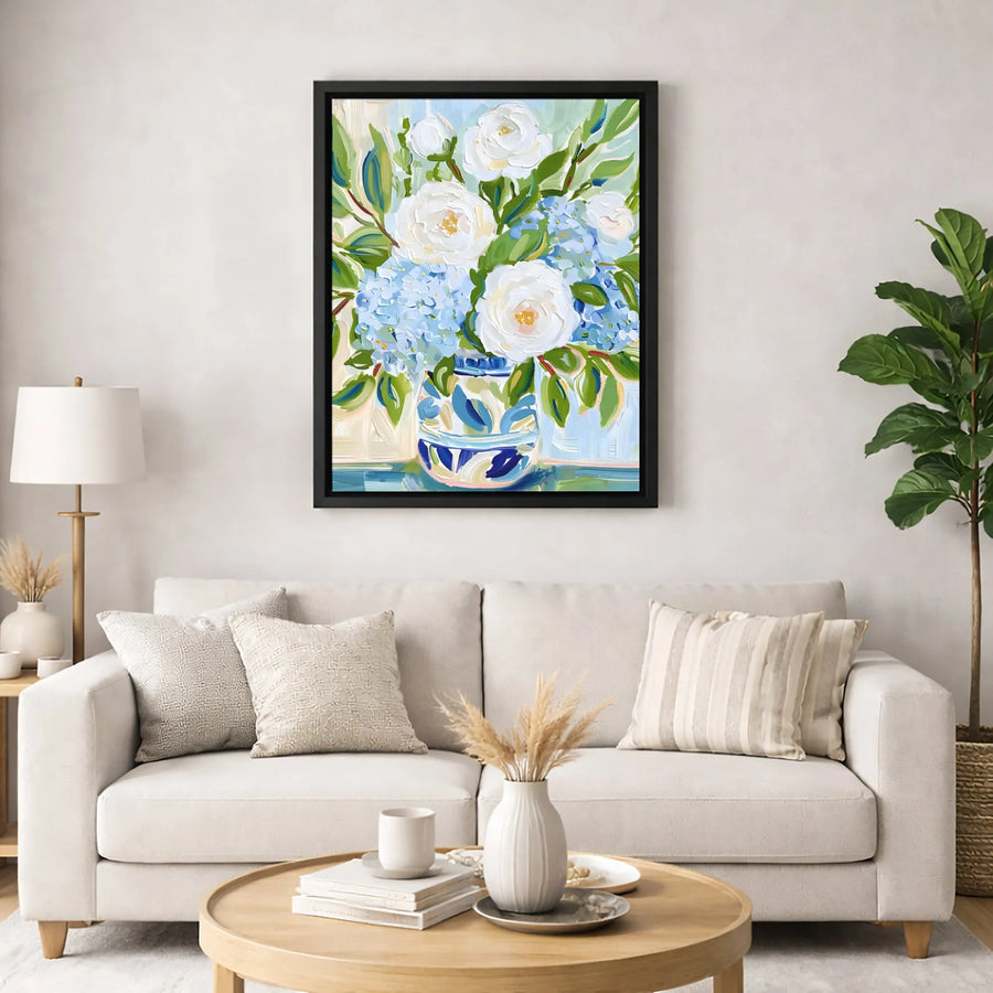 Blue Hydrangea and White Peony Wall Art | Impressionist Floral Bouquet Print | 1.25" Thick Gallery Canvas | Elegant Botanical Home Decor