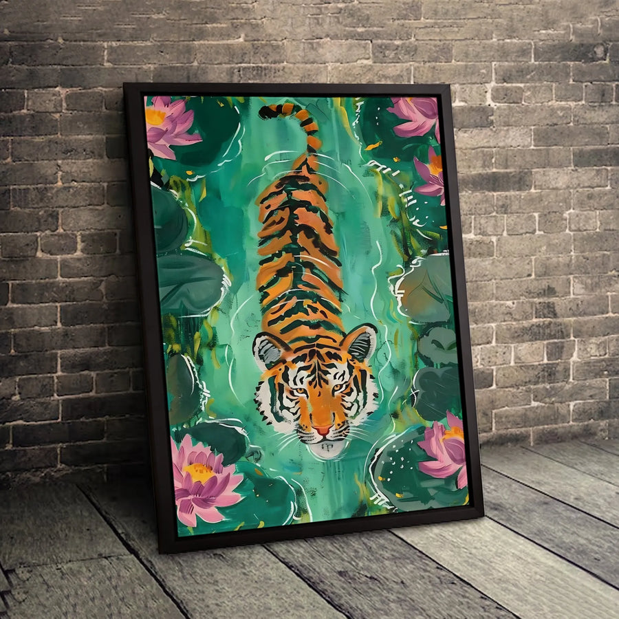 Tiger Canvas Wall Art | Swimming Tiger With Pink Lotus Flowers | Premium Fade-Resistant Gallery Wrap | Wildlife Jungle Decor for Living Room