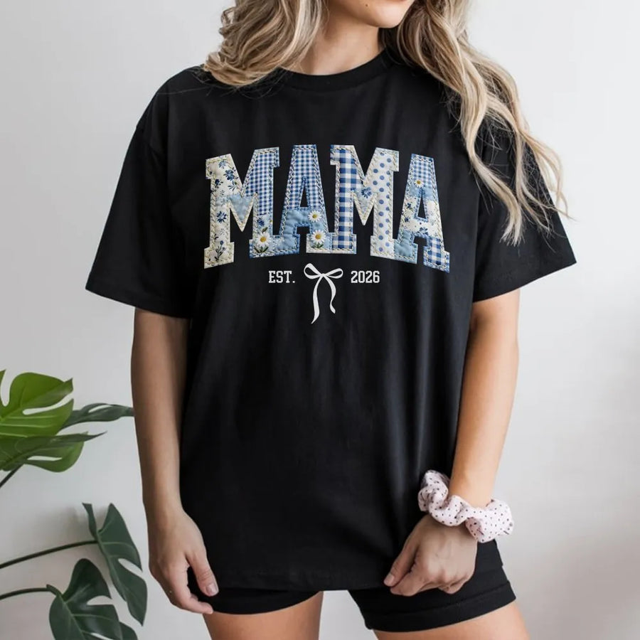 Mama Est 2026 T-Shirt | Blue Floral Faux Patchwork Design With Bow | 100% Cotton Premium Apparel | Pregnancy Announcement Gift for New Mom