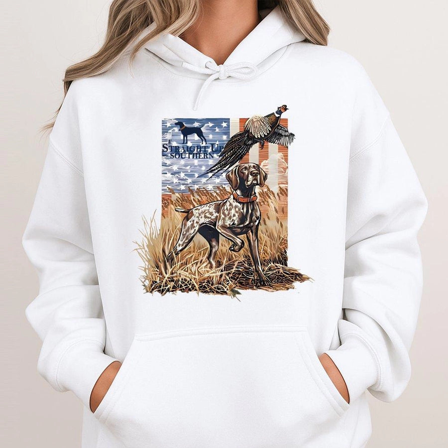 GSP Hunting Hoodie | German Shorthaired Pointer Pheasant Flag Art | Premium Cotton Blend | Gift for Upland Bird Hunter & Dog Lover