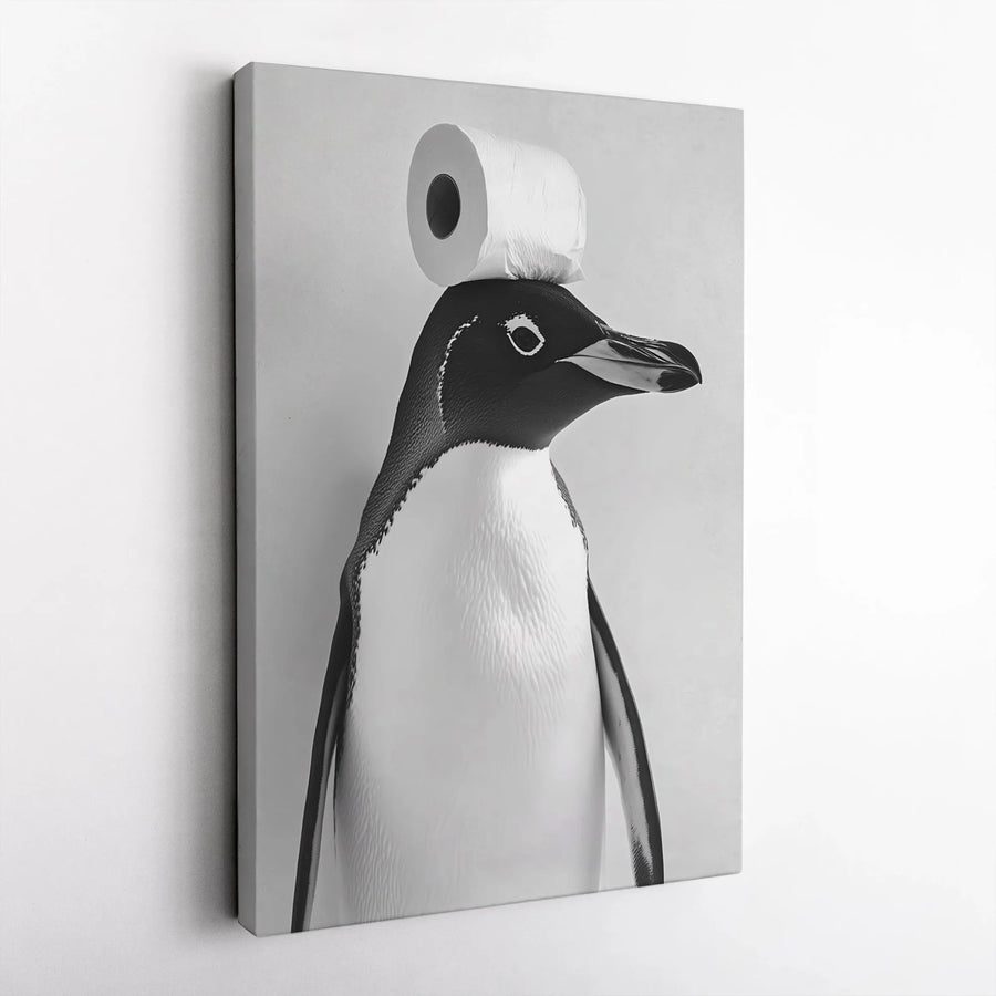 Funny Penguin Vertical Canvas | Black and White Toilet Paper Art | Premium Frameless Print | Unique Bathroom Decor Gift
