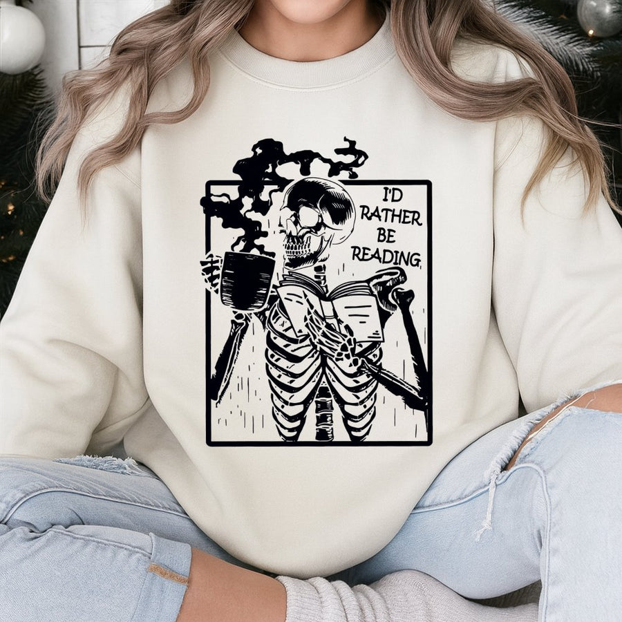I'd Rather Be Reading Skeleton Sweatshirt | Book Lover Coffee Graphic Print | Premium Cotton Blend Crewneck | Gift for Readers & Librarians