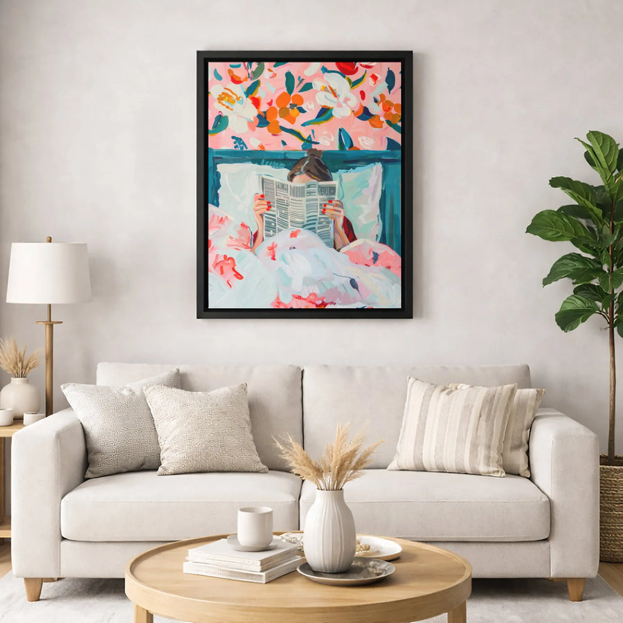 Woman Reading Newspaper Canvas Print | Abstract Floral Bedroom Wall Art | Premium Gallery Wrapped Decor | Aesthetic Home Gift For Her