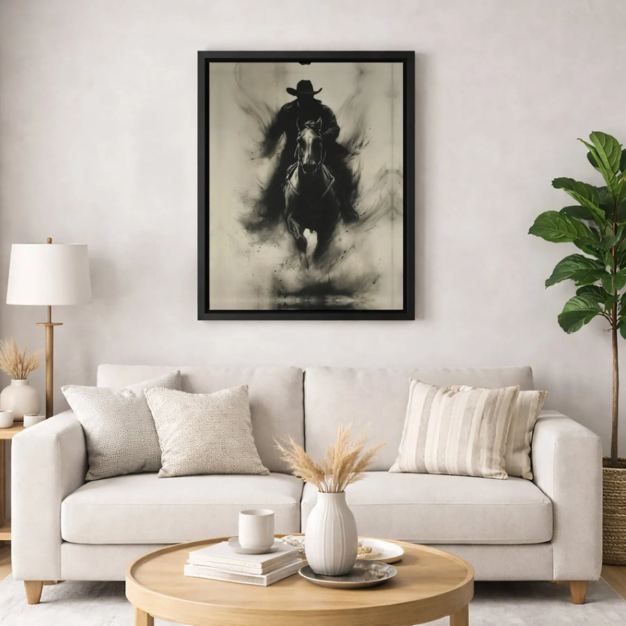 Western Cowboy Horse Canvas Wall Art | Charcoal Sketch Silhouette | Premium Fade-Resistant Print | Rustic Farmhouse Home Decor Gift
