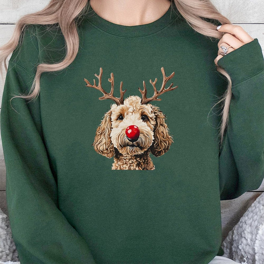 Goldendoodle Christmas Sweatshirt | Reindeer Antlers Dog Design | Premium Cotton Blend Crewneck | Cute Holiday Gift for Doodle Mom & Dog Lovers