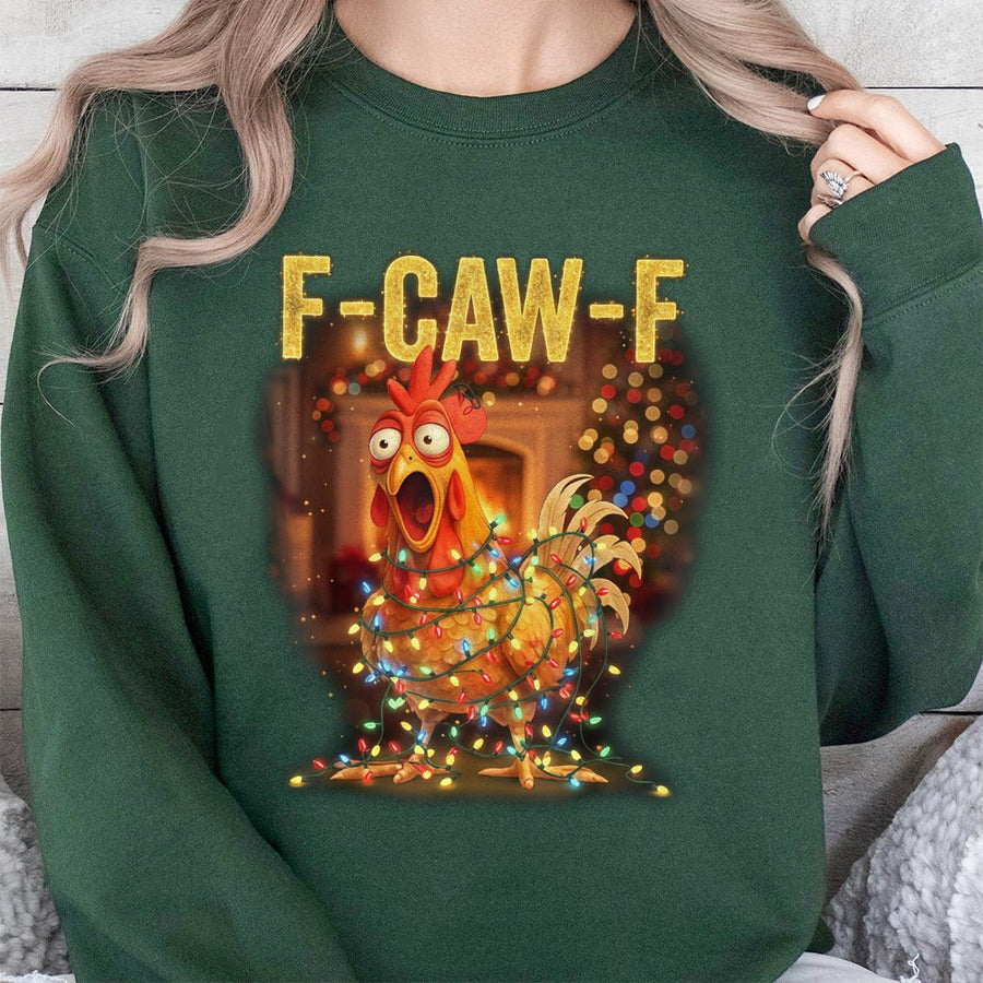 F-CAW-F Chicken Sweatshirt | Funny Christmas Lights Graphic | Premium Cotton Blend | Humorous Holiday Gift for Poultry Lovers