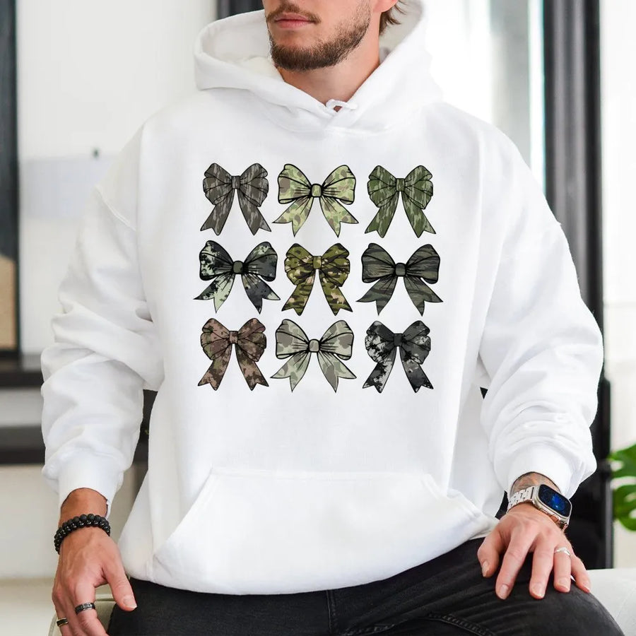 Camo Bow Hoodie | Country Girl Aesthetic Graphic Sweatshirt | Premium Cotton-Poly Blend | Cute Hunting Apparel Gift for Women