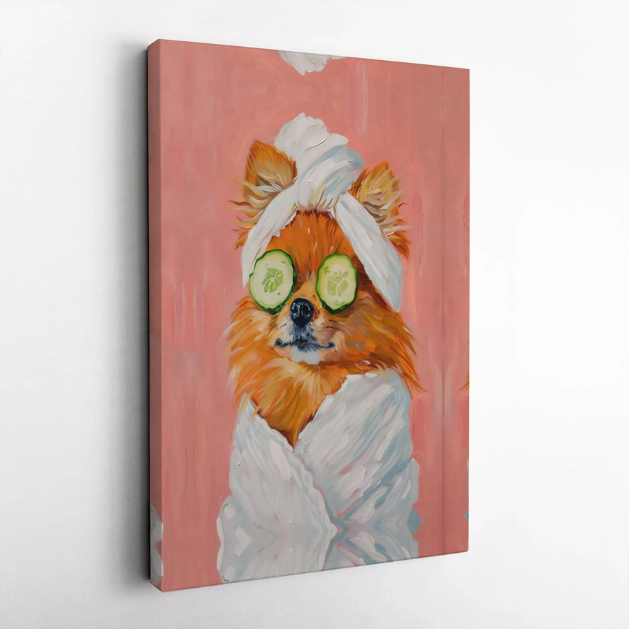 Pomeranian Spa Day Wall Art | Cute Dog With Cucumber Slices Canvas Print | Premium Gallery-Wrapped Portrait | Whimsical Pet Lover Decor Gift