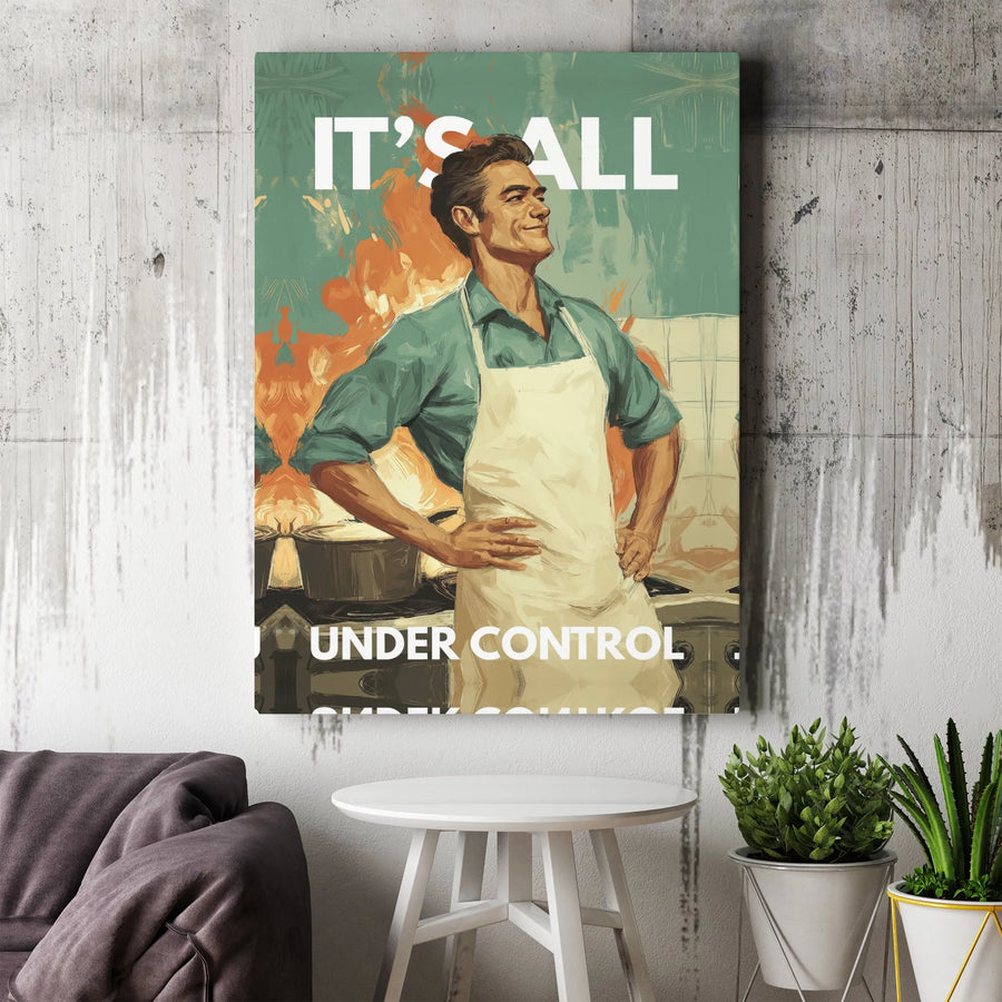 Funny Kitchen Wall Art | It's All Under Control Retro Print | Premium Gallery Wrapped Canvas | Humorous Home Decor Gift for Chef