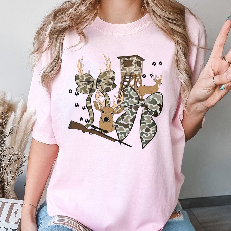 Deer Hunting T-Shirt | Camo Bow and Wildlife Graphic | 100% Cotton Premium Tee | Outdoorsy Gift for Hunters and Women Who Hunt
