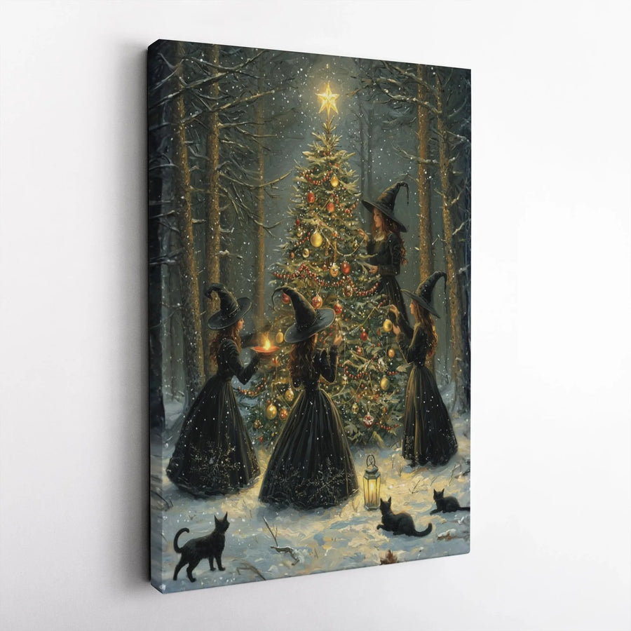 Witch Christmas Tree Canvas Wall Art | Snowy Forest Fantasy Decor | Premium Gallery Wrap Print | Magical Holiday Home Gift for Witchy Aesthetic Lovers