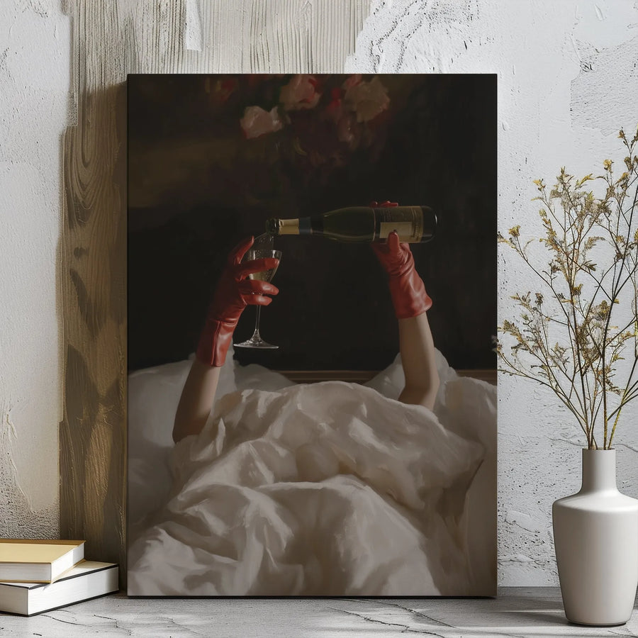 Champagne Pouring Canvas Print | Aesthetic Woman in Red Gloves Art | Gallery Wrap Wall Decor | Luxury Bar Cart Home Gift
