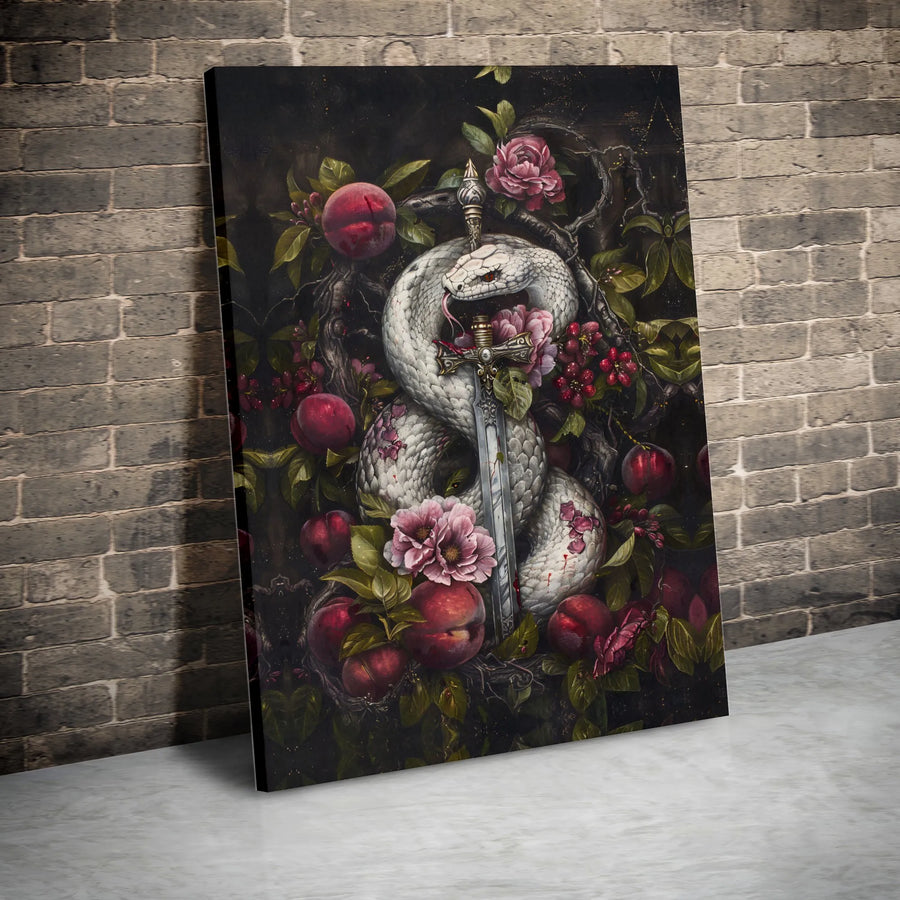 White Snake and Sword Canvas Wall Art | Dark Botanical Serpent Print | Premium Gallery Wrapped Decor | Gothic Home Office Gift for Art Lovers
