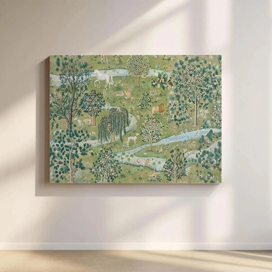 Enchanted Forest Canvas Wall Art | Millefleurs Medieval Tapestry Style Print | Premium Gallery-Wrapped Decor | Mythical Unicorn & Lion Gift