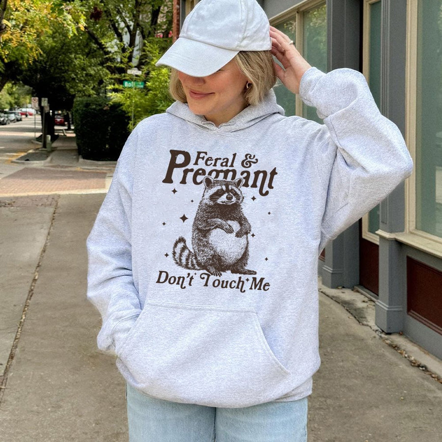 Feral and Pregnant Hoodie | Funny Raccoon Maternity Sweatshirt | Cozy Cotton Blend Graphic Pullover | Gift for New Mom or Expecting Mother