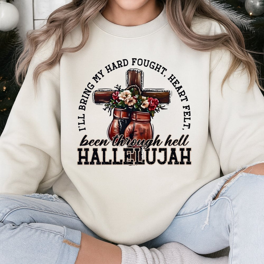 Been Through Hell Hallelujah Sweatshirt | Faith Cross Boxing Gloves Graphic | Premium Cotton Blend | Christian Religious Gift For Women