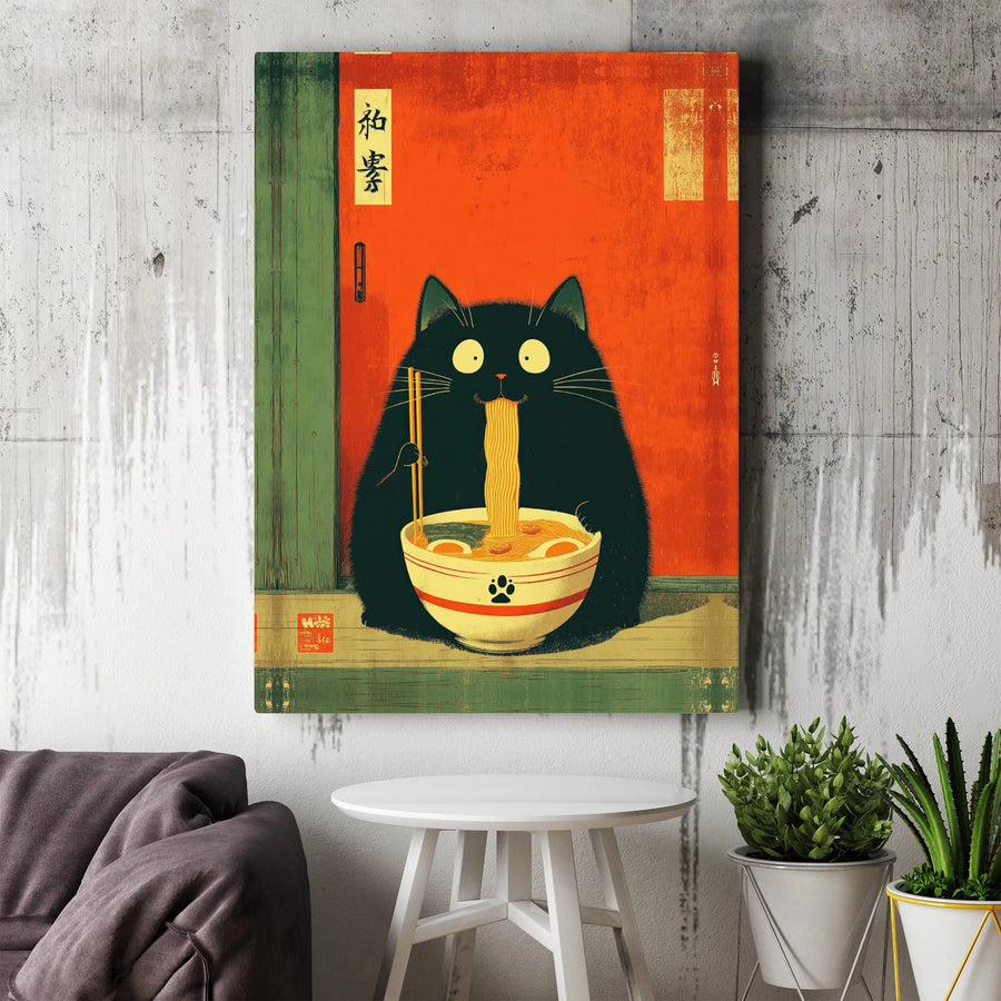 Ramen Cat Canvas Wall Art | Vintage Japanese Ukiyo-e Print of Black Cat Eating Noodles | Premium Gallery Canvas | Quirky Kitchen Decor Gift for Foodie