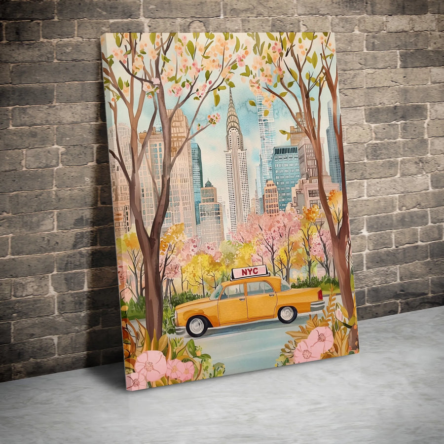 New York City Spring Canvas | Watercolor Painting Print with Yellow Taxi | Premium Thick Gallery Wrap Wall Art | Gift for NYC Lover Apartment Decor