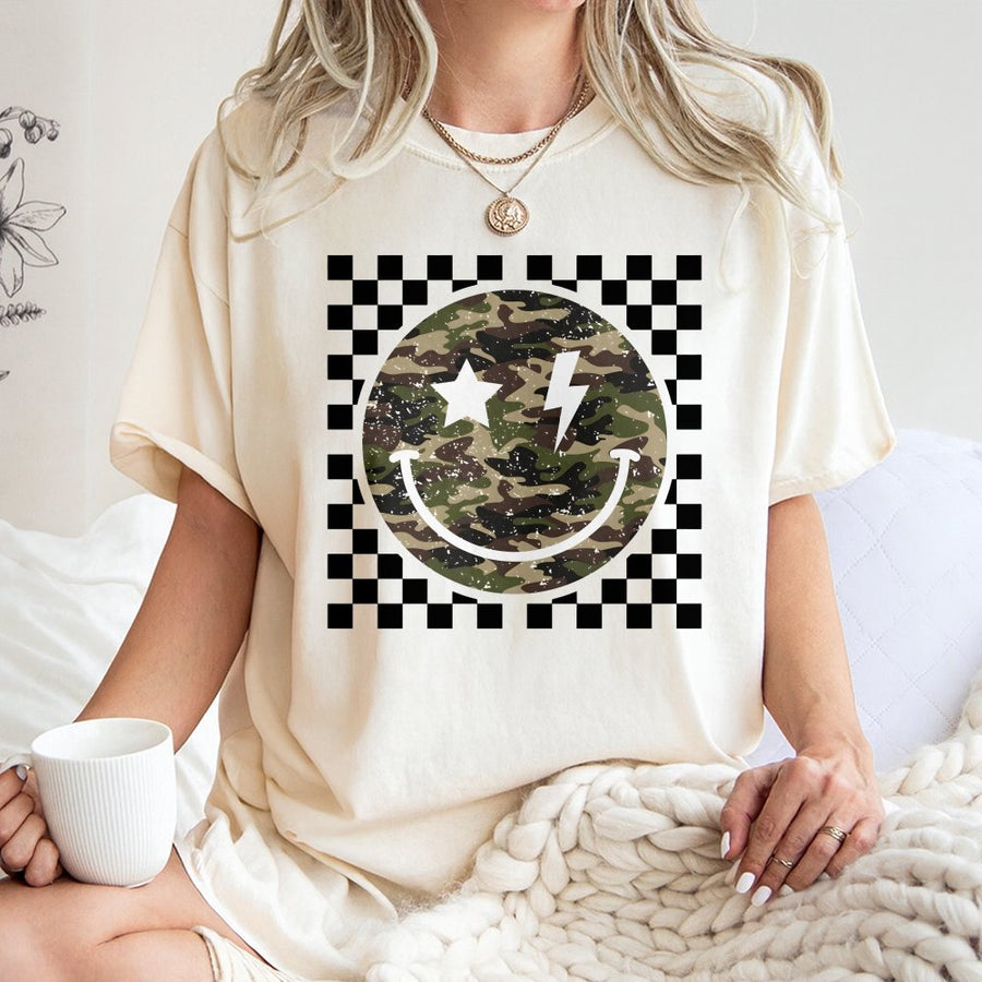 Camo Smiley Face T-Shirt | Checkered Aesthetic Graphic Tee | 100% Cotton Premium Quality | Trendy Streetwear Gift for Men and Women