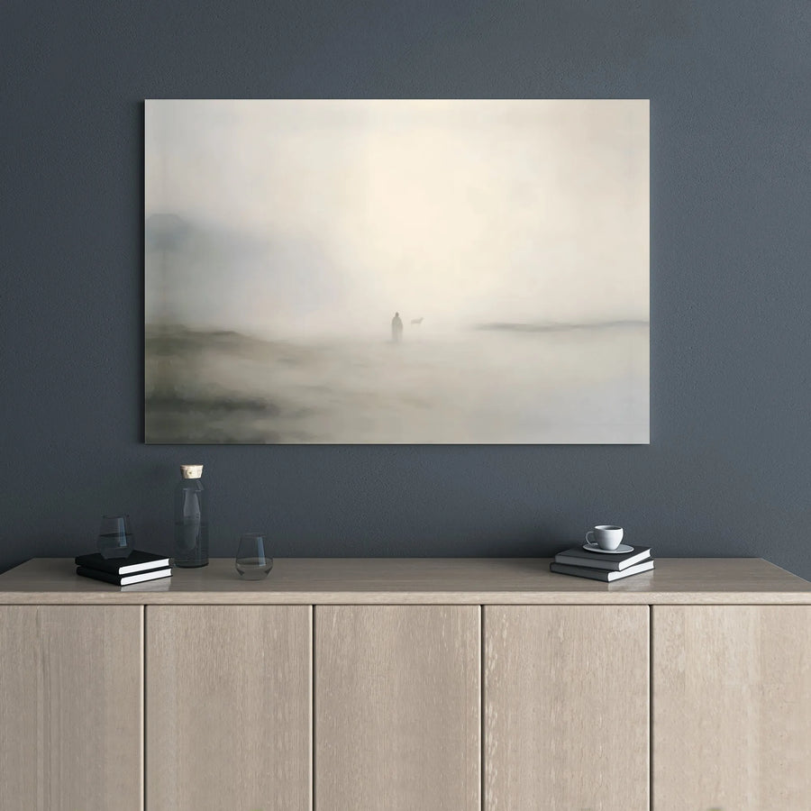 Foggy Landscape Canvas Art | Ethereal Solitary Figure with Dog Wall Decor | Gallery Wrapped Premium Canvas | Minimalist Calming Home Office Gift