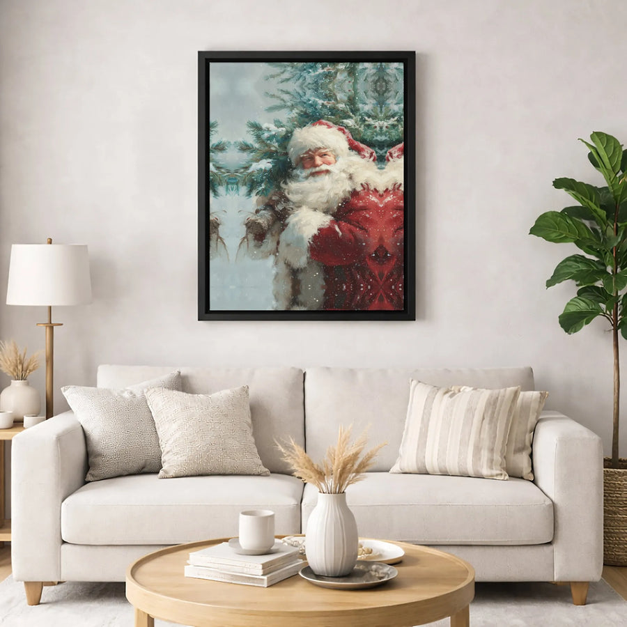 Vintage Santa Claus Wall Art | Snowy Christmas Tree Painting | Premium 1.25-Inch Gallery Wrapped Canvas | Festive Holiday Home Decor Gift