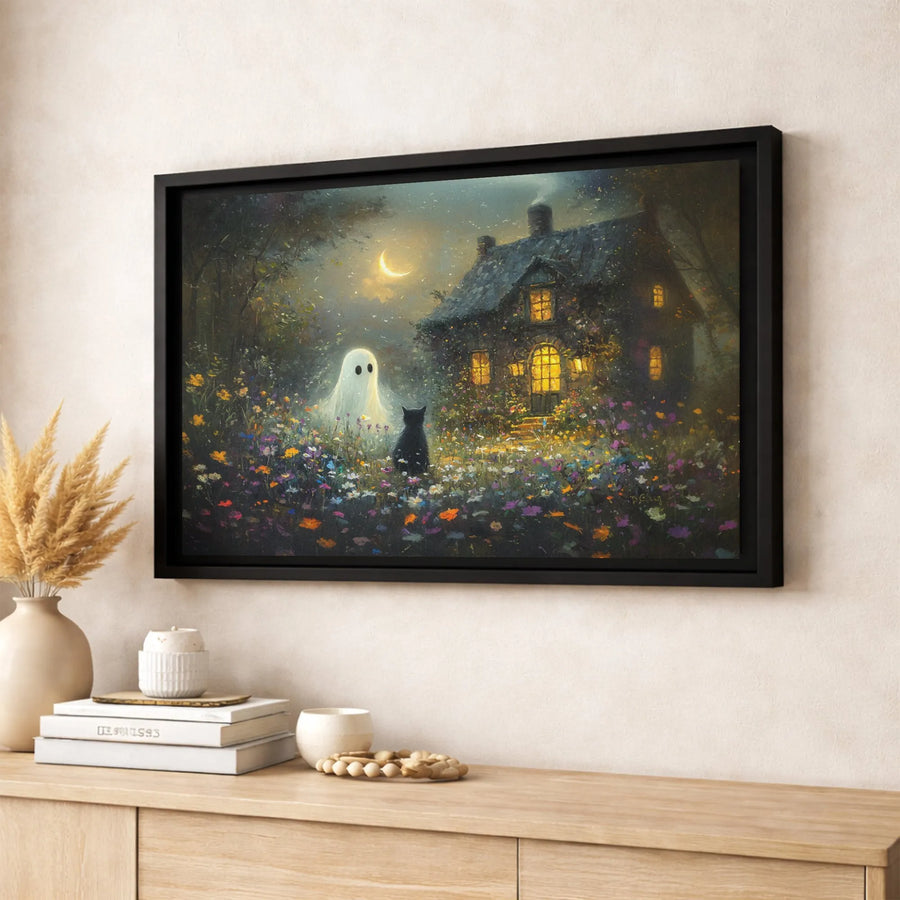 Ghost and Black Cat Canvas Art | Whimsical Haunted House Wildflower Meadow | Premium Gallery Wrapped | Spooky Cottagecore Home Decor Gift