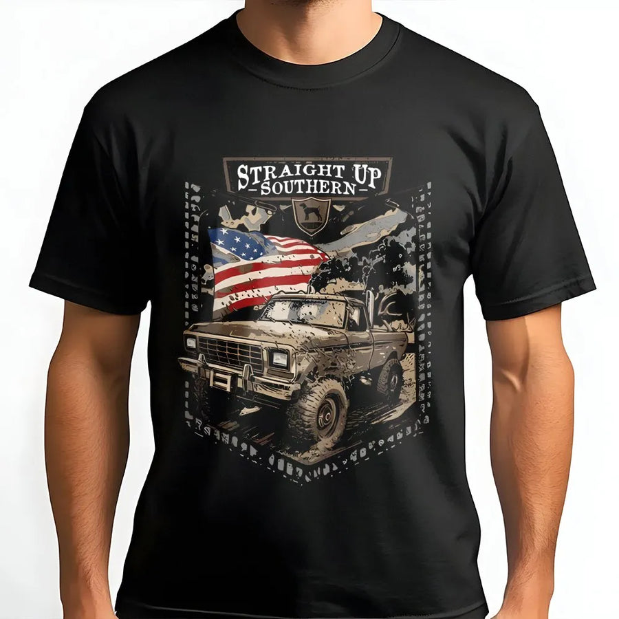 Off-Road Truck T-Shirt | American Flag Mudding Graphic | Premium Cotton Country Apparel | Gift for Truck Lovers and Outdoor Enthusiasts