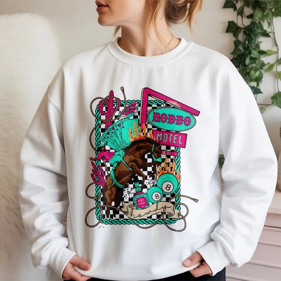 Rodeo Motel Western Sweatshirt | Neon Retro Wild West Graphic | Premium Cotton Blend Crewneck | Trendy Country Aesthetic Gift For Her