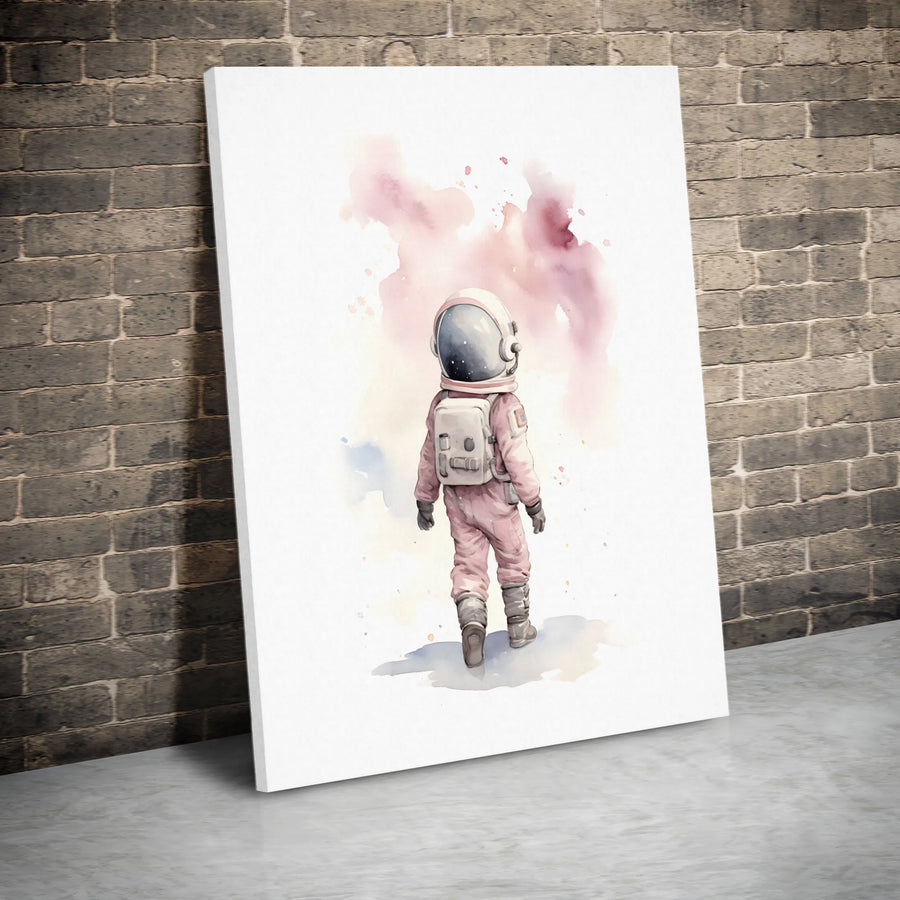 Pink Astronaut Canvas Art | Watercolor Space Explorer Illustration | Premium 1.25" Thick Gallery Wrap | Kids Bedroom or Nursery Decor Gift