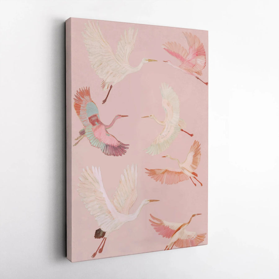 Flying Cranes Canvas Wall Art | Japanese Inspired Bird Illustration | Premium Gallery Wrapped Canvas | Boho Bedroom Decor Gift