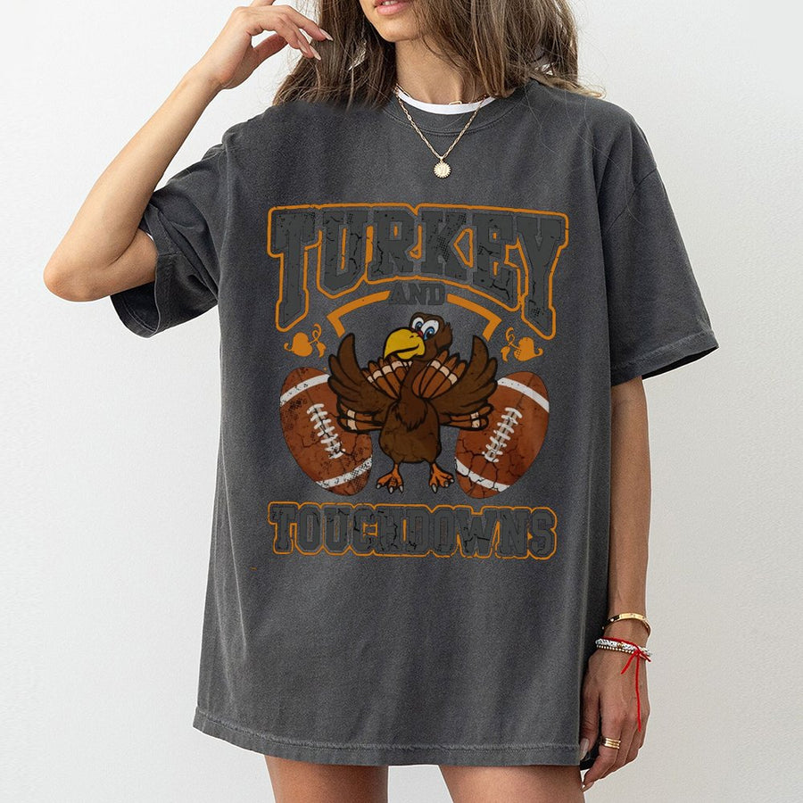 Turkey and Touchdowns T-Shirt | Funny Thanksgiving Football Graphic Tee | 100% Cotton Premium Comfort | Thanksgiving Gift for Football Fans