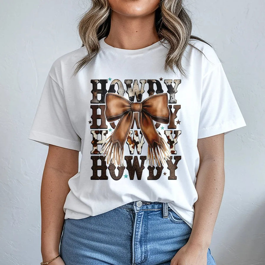 Howdy Cowgirl T-Shirt | Western Coquette Bow Graphic Design | 100% Cotton Premium Tee | Trendy Country Aesthetic Gift for Her