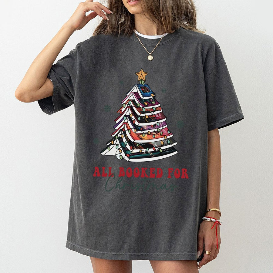 All Booked For Christmas T-Shirt | Book Tree Graphic Tee | 100% Cotton Premium Quality | Festive Holiday Gift for Readers and Book Lovers