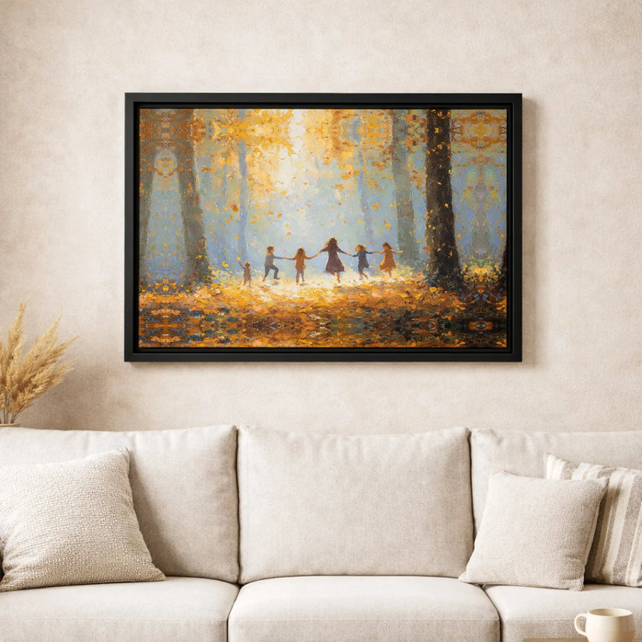 Autumn Forest Canvas Wall Art | Children Playing Impressionist Painting | Premium Fade-Resistant Gallery Wrap | Fall Home Decor Gift