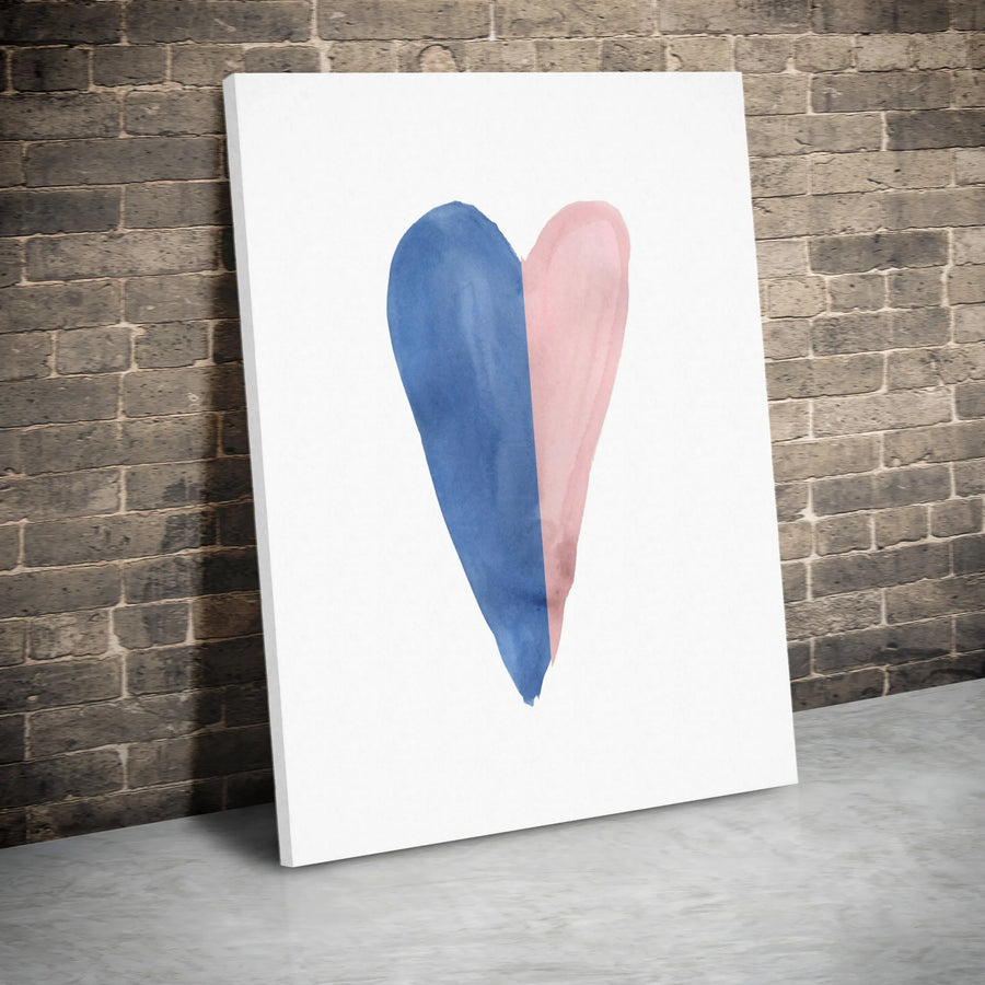 Watercolor Split Heart Canvas Wall Art | Blue and Pink Minimalist Decor | 1.25 Inch Gallery Wrap | Premium Nursery or Bedroom Gift