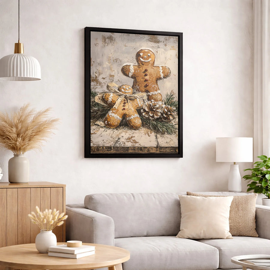 Gingerbread Men Christmas Canvas Wall Art | Rustic Impasto Winter Kitchen Decor | Premium Fade-Resistant Print | Festive Holiday Gift for Home