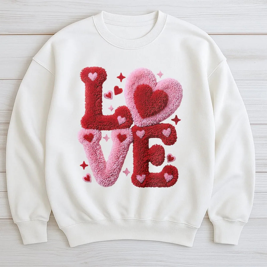 Love Sweatshirt | Textured Yarn Look Heart Graphic | Soft Cotton Blend Premium Fleece | Cute Valentine's Day Gift For Her Or Him