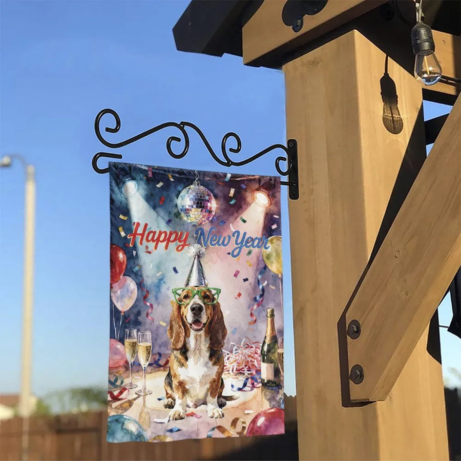 Happy New Year Basset Hound Flag | Funny Party Dog Watercolor Art | Double Sided Polyester | Outdoor Holiday Yard Decor Gift