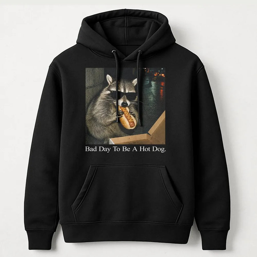 Funny Raccoon Meme Hoodie | Bad Day To Be A Hot Dog Graphic Sweatshirt | Soft Cotton-Blend Pullover | Unisex Gift for Animal Lovers
