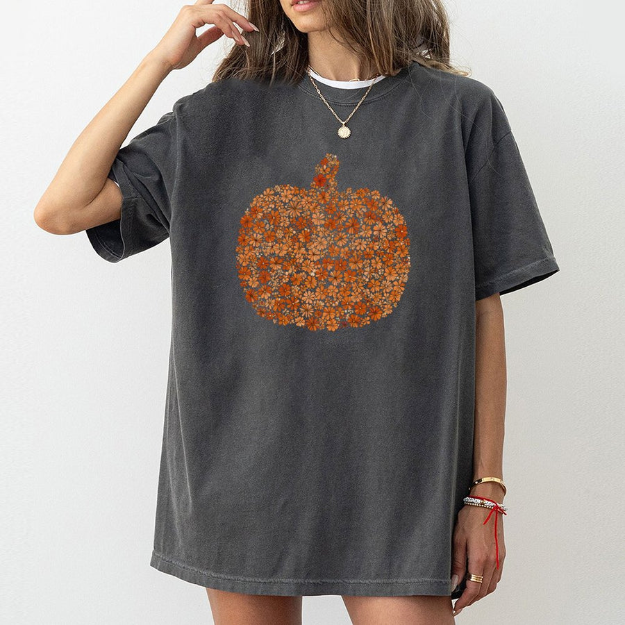 Boho Floral Pumpkin T-Shirt | Fall Aesthetic Graphic Tee | 100% Cotton Premium Quality | Cozy Thanksgiving Autumn Gift For Her