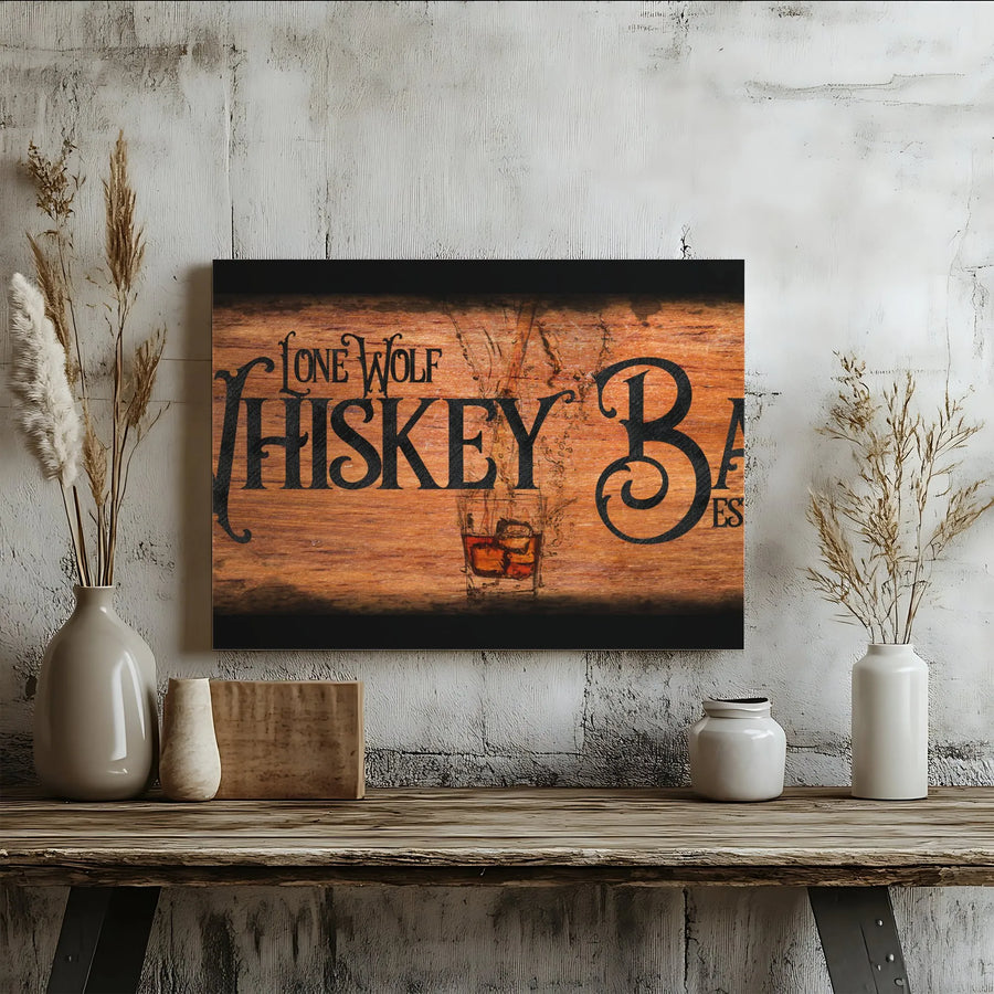 Lone Wolf Whiskey Bar Canvas Wall Art | Rustic Pub Decor with Whiskey Glass | Premium Gallery Wrap Print | Man Cave & Home Bar Decor Gift