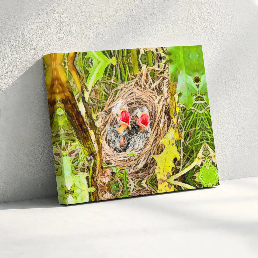 Baby Birds in Nest Canvas Wall Art | Painterly Wildlife Print | Premium Fade-Resistant Canvas | Nursery Decor & Nature Lover Gift