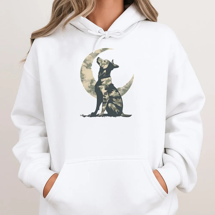 Camo Dog Moon Hoodie | German Shepherd Silhouette Graphic | Premium Cotton Blend | Outdoor Adventure Gift for Hunters and Dog Lovers