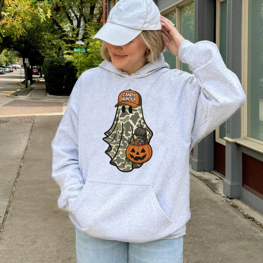 Candy Hunter Ghost Hoodie | Camo Halloween Graphic Sweatshirt | Cotton-Polyester Premium Quality | Spooky Trick or Treat Gift for Adults
