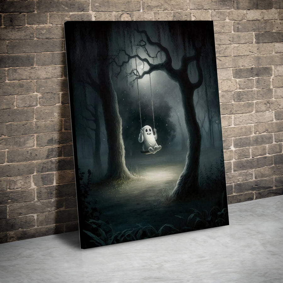 Cute Ghost Canvas Wall Art | Spooky Forest Swing Painting | Premium Gallery Wrapped Decor | Whimsical Halloween Home Gift