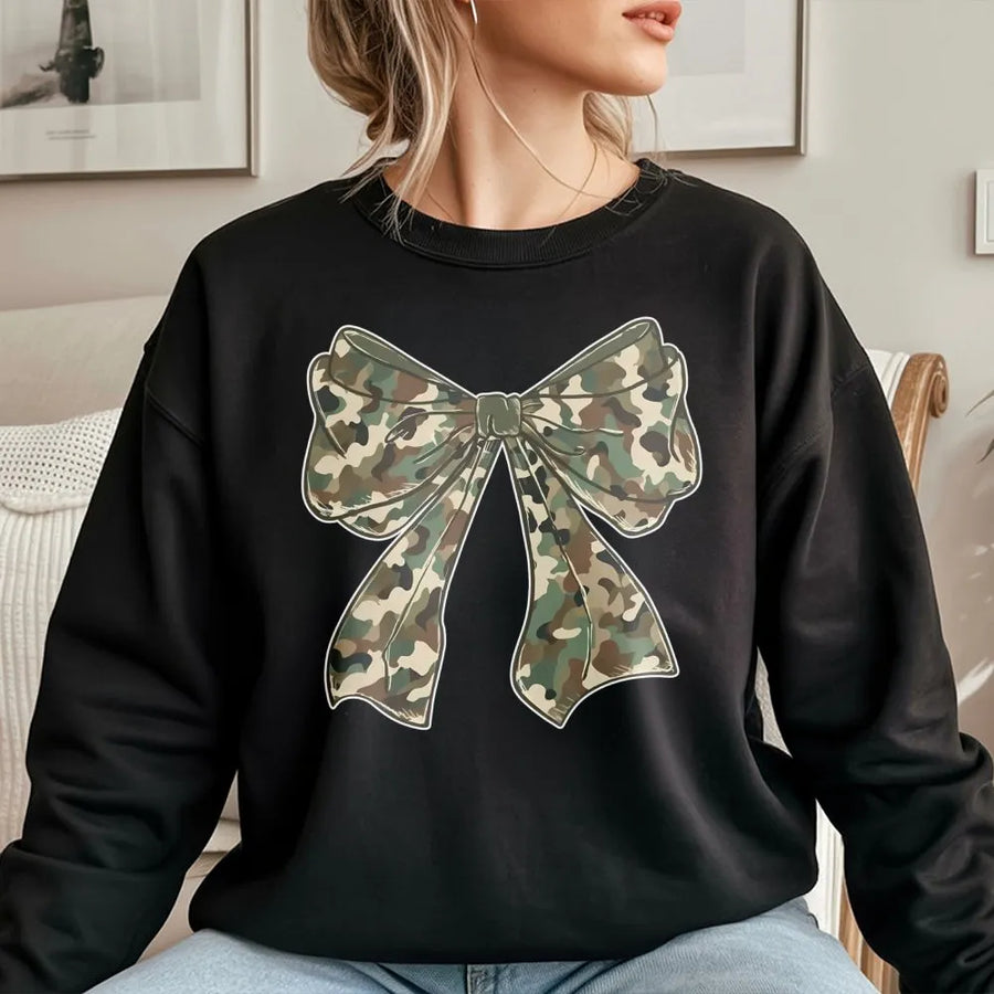 Camo Bow Sweatshirt | Trendy Camouflage Ribbon Graphic | Premium Cotton-Poly Blend | Cute Hunting Season Gift for Her