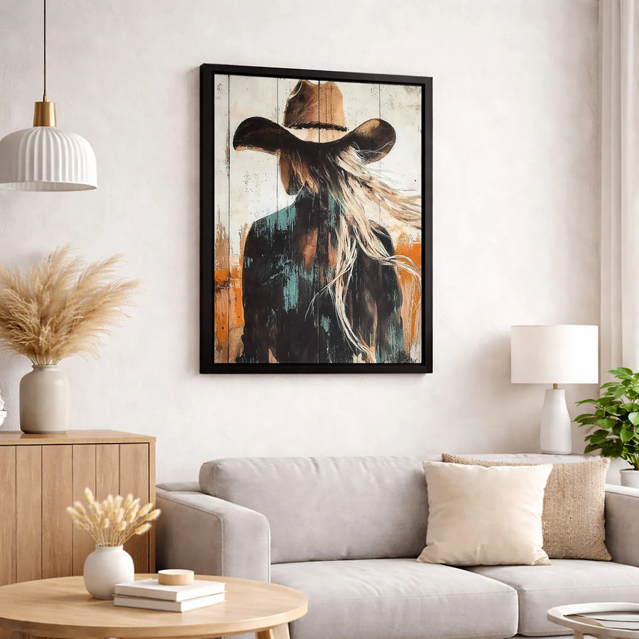 Western Cowgirl Canvas Wall Art | Rustic Blonde Country Girl Painting | Premium Gallery Wrap Print | Farmhouse Decor Gift for Her